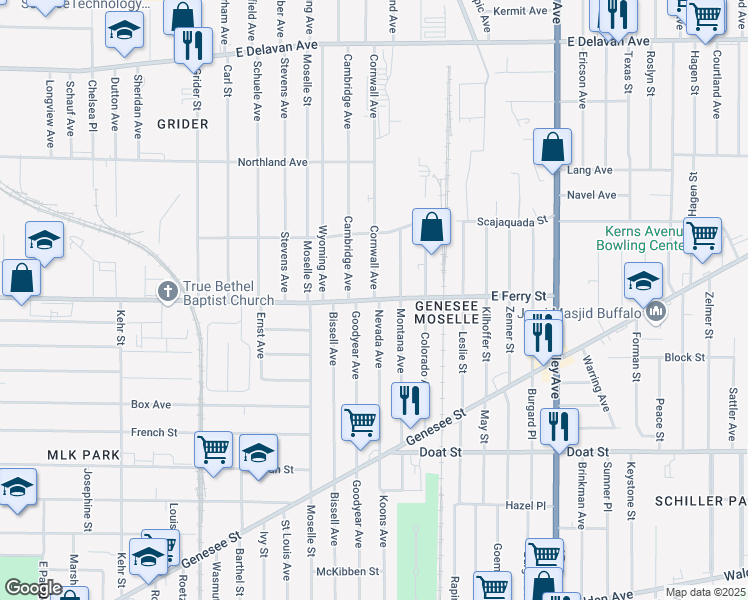 map of restaurants, bars, coffee shops, grocery stores, and more near E Ferry St & Cornwall Ave in Buffalo