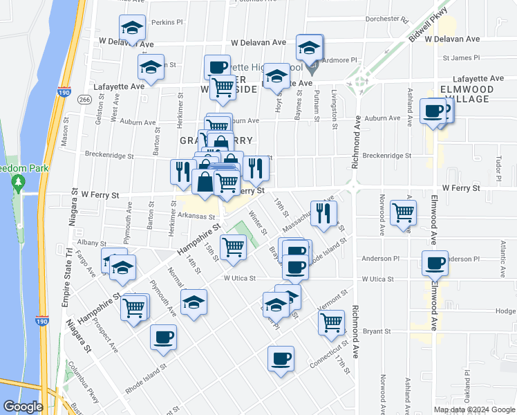 map of restaurants, bars, coffee shops, grocery stores, and more near 120 18th Street in Buffalo