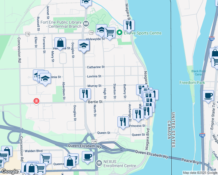 map of restaurants, bars, coffee shops, grocery stores, and more near 106 Murray Street in Fort Erie