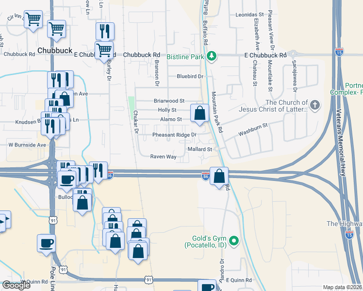 map of restaurants, bars, coffee shops, grocery stores, and more near 4479 Chukar Drive in Pocatello