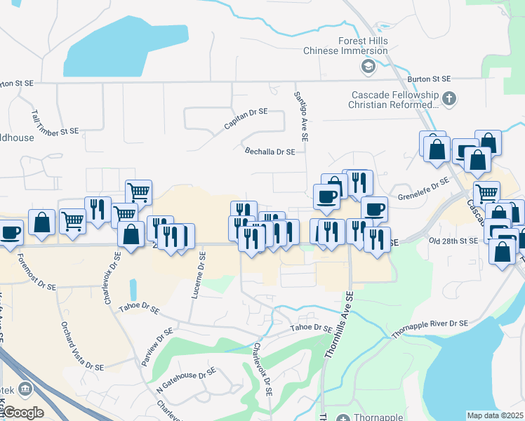 map of restaurants, bars, coffee shops, grocery stores, and more near 2624 Weatherby Hills Drive Southeast in Grand Rapids