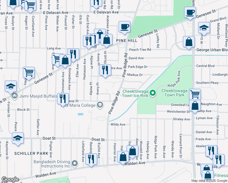 map of restaurants, bars, coffee shops, grocery stores, and more near 300 Pine Ridge Road in Buffalo