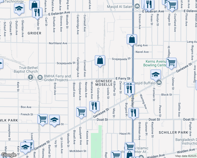 map of restaurants, bars, coffee shops, grocery stores, and more near 1210 Colorado Avenue in Buffalo