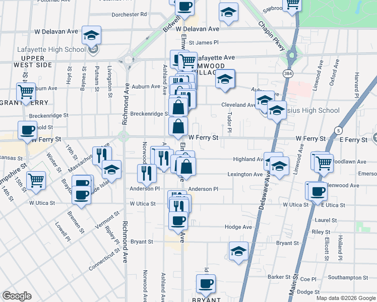 map of restaurants, bars, coffee shops, grocery stores, and more near 665 West Ferry Street in Buffalo