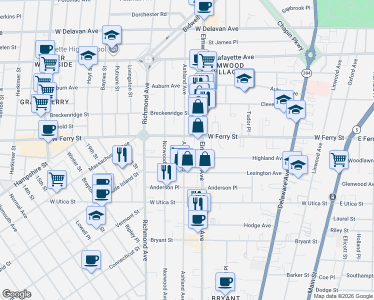 map of restaurants, bars, coffee shops, grocery stores, and more near 366 Ashland Avenue in Buffalo