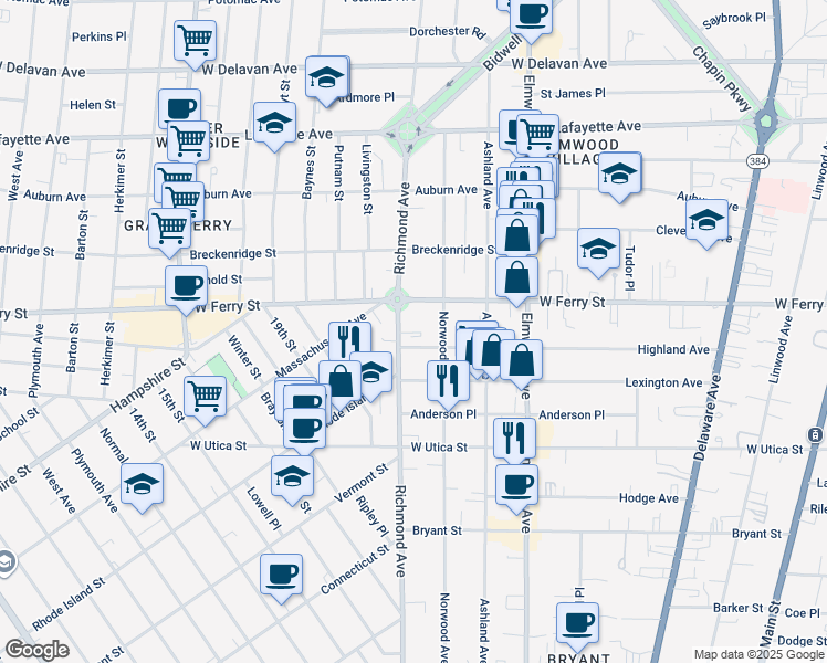 map of restaurants, bars, coffee shops, grocery stores, and more near 457 Richmond Avenue in Buffalo