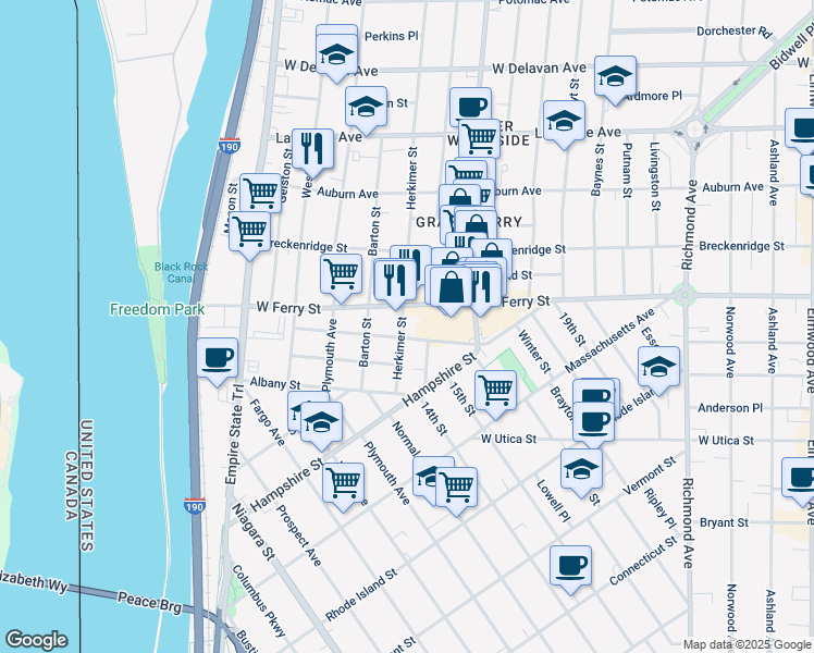 map of restaurants, bars, coffee shops, grocery stores, and more near in Buffalo