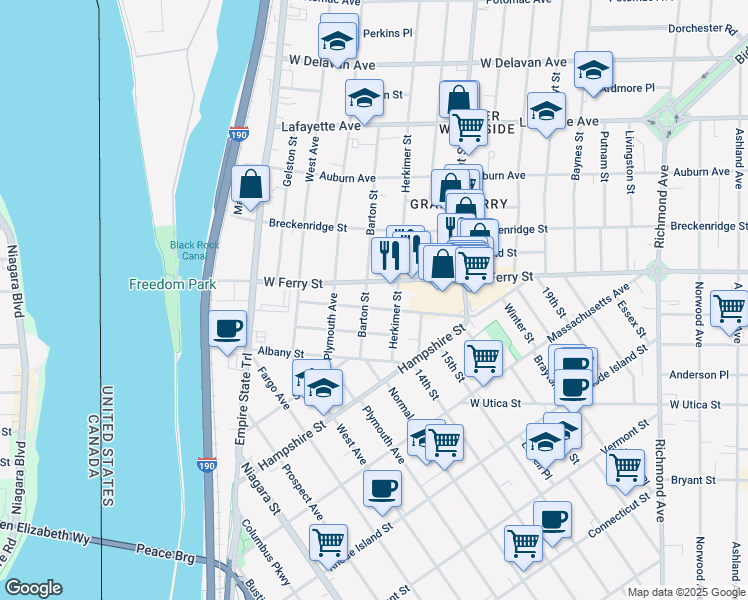 map of restaurants, bars, coffee shops, grocery stores, and more near 209 West Ferry Street in Buffalo