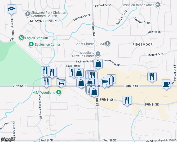 map of restaurants, bars, coffee shops, grocery stores, and more near 2613 Highland View Drive Southeast in Grand Rapids