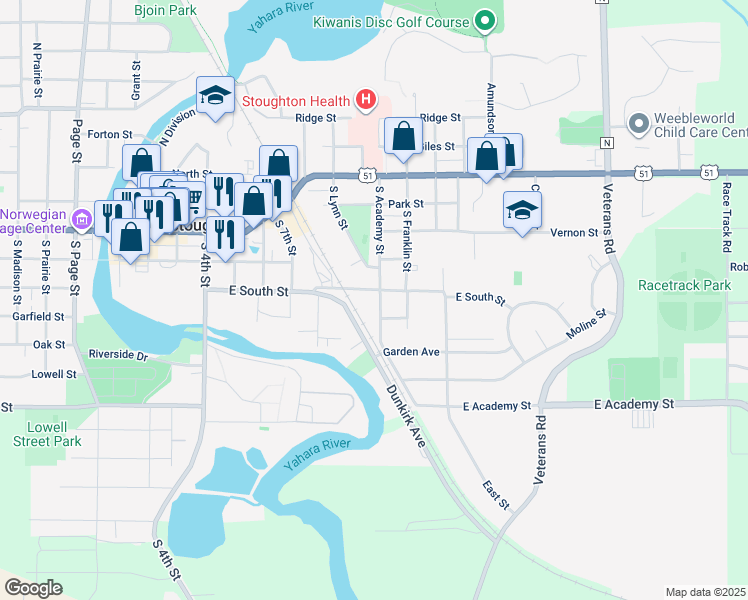 map of restaurants, bars, coffee shops, grocery stores, and more near 817 East South Street in Stoughton