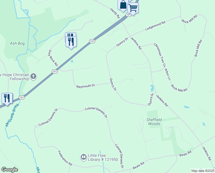 map of restaurants, bars, coffee shops, grocery stores, and more near 7 Weymouth Drive in Bedford