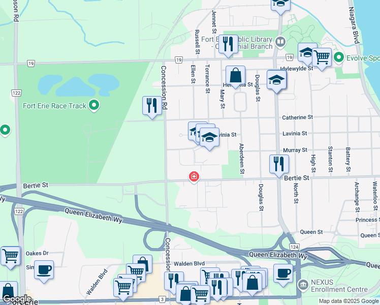 map of restaurants, bars, coffee shops, grocery stores, and more near 109 Torrance Street in Fort Erie