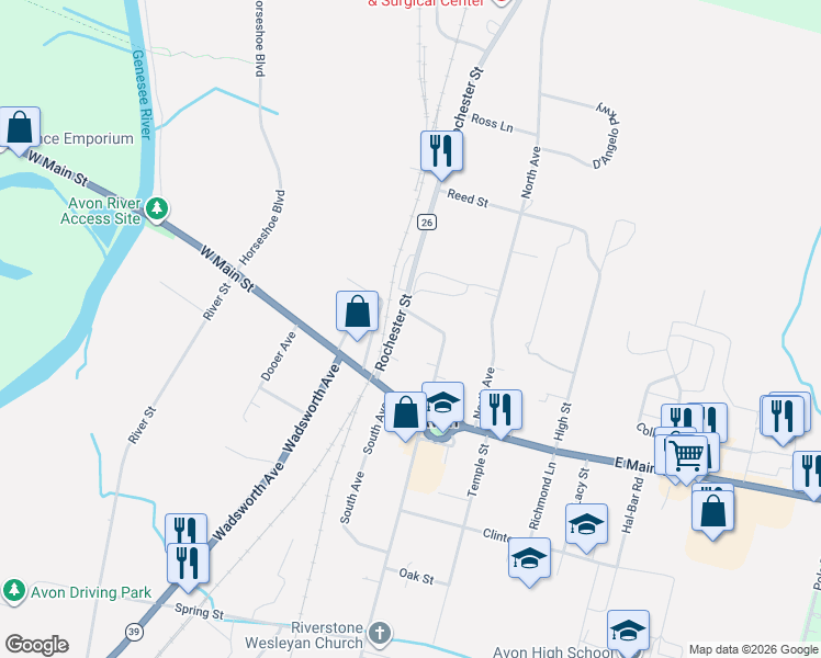 map of restaurants, bars, coffee shops, grocery stores, and more near 68 Rochester Street in Avon