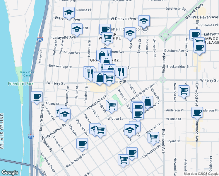 map of restaurants, bars, coffee shops, grocery stores, and more near 23 Grant Street in Buffalo