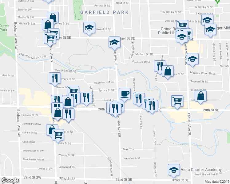 map of restaurants, bars, coffee shops, grocery stores, and more near 2701 Madison Avenue Southeast in Grand Rapids