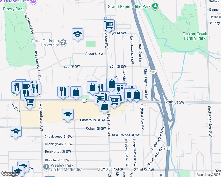 map of restaurants, bars, coffee shops, grocery stores, and more near 2720 Clyde Park Avenue Southwest in Wyoming