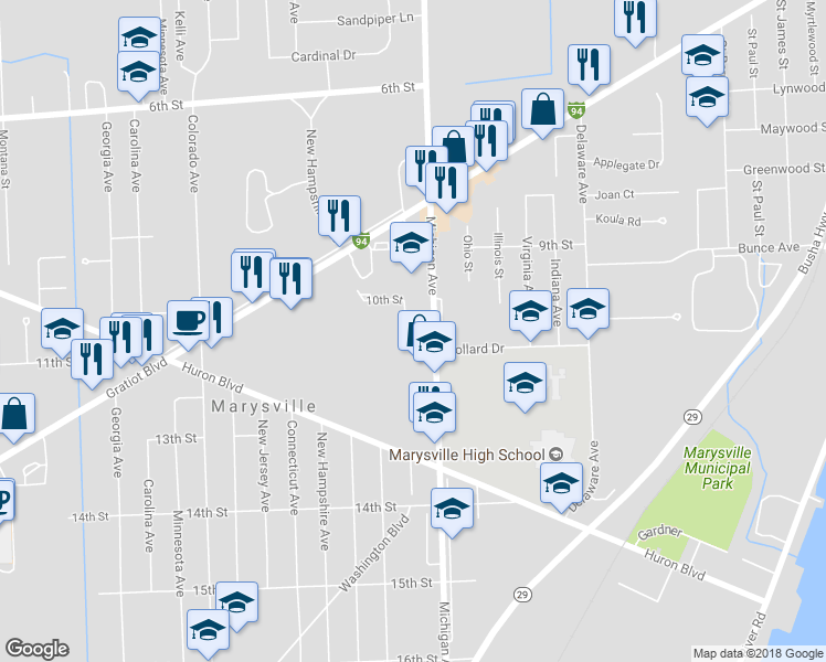 map of restaurants, bars, coffee shops, grocery stores, and more near in Marysville