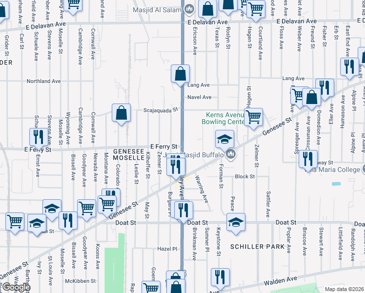 map of restaurants, bars, coffee shops, grocery stores, and more near Bailey Ave & E Ferry St in Buffalo