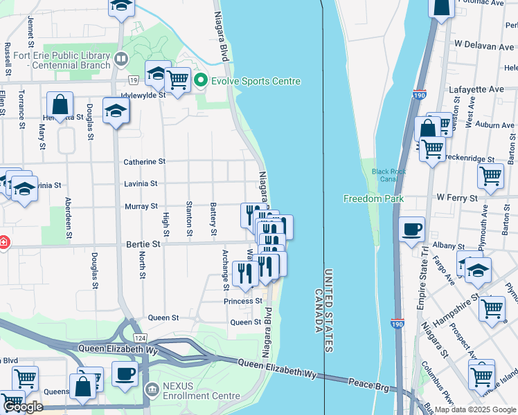 map of restaurants, bars, coffee shops, grocery stores, and more near 203 Niagara Boulevard in Fort Erie