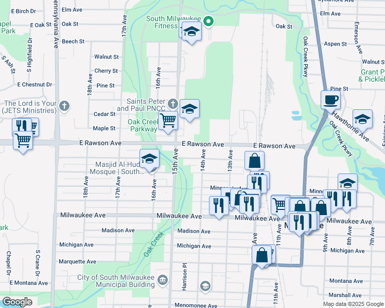 map of restaurants, bars, coffee shops, grocery stores, and more near 1413 Rawson Avenue in South Milwaukee