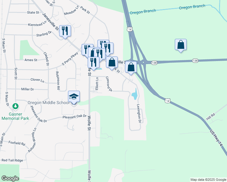 map of restaurants, bars, coffee shops, grocery stores, and more near 369 Concord Drive in Oregon
