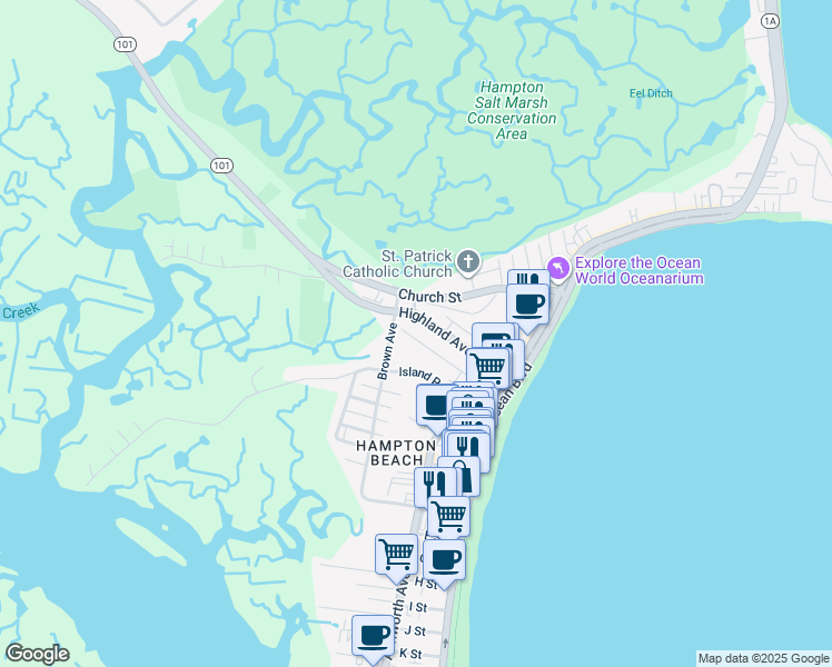 map of restaurants, bars, coffee shops, grocery stores, and more near 44 Highland Avenue in Hampton