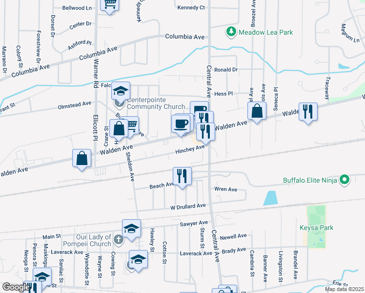 map of restaurants, bars, coffee shops, grocery stores, and more near 3563 Walden Avenue in Lancaster