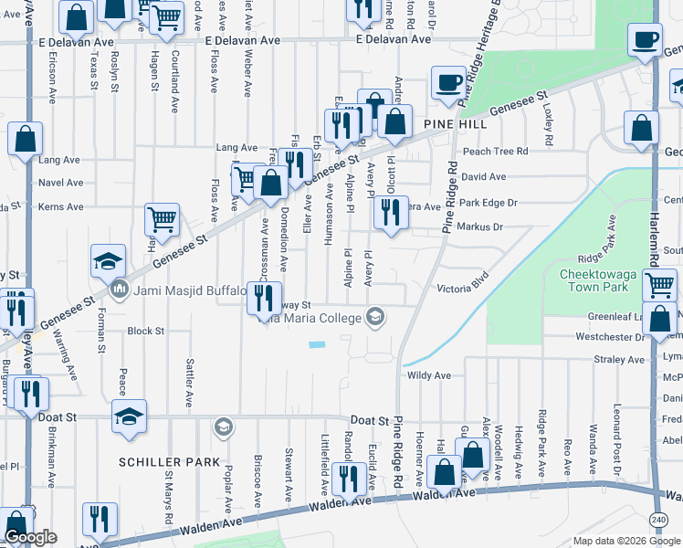 map of restaurants, bars, coffee shops, grocery stores, and more near 45 Humason Avenue in Buffalo