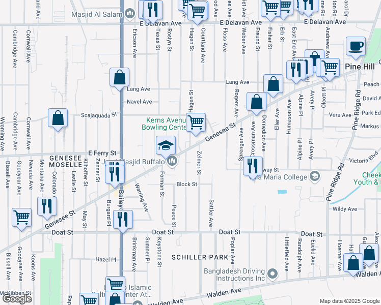 map of restaurants, bars, coffee shops, grocery stores, and more near in Buffalo