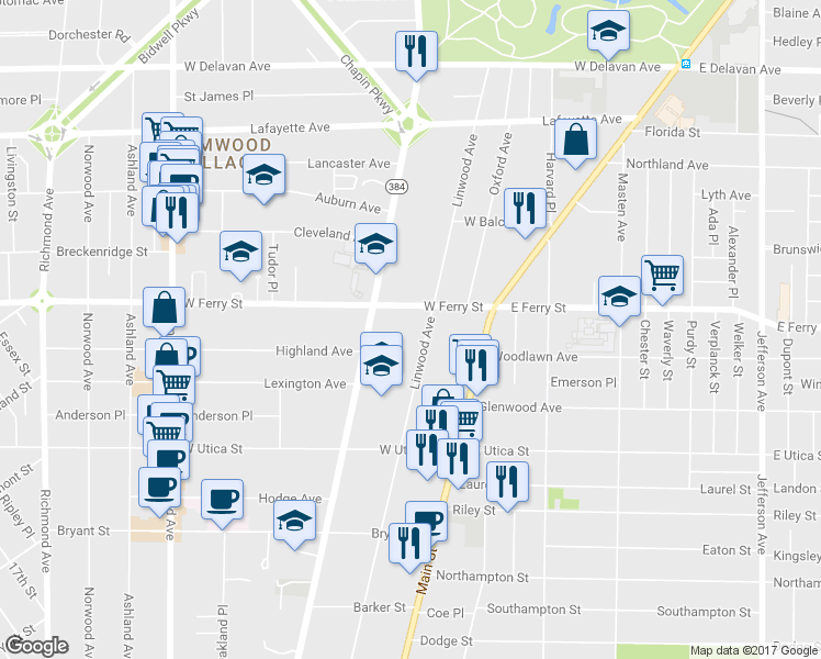 map of restaurants, bars, coffee shops, grocery stores, and more near 455 Linwood Avenue in Buffalo