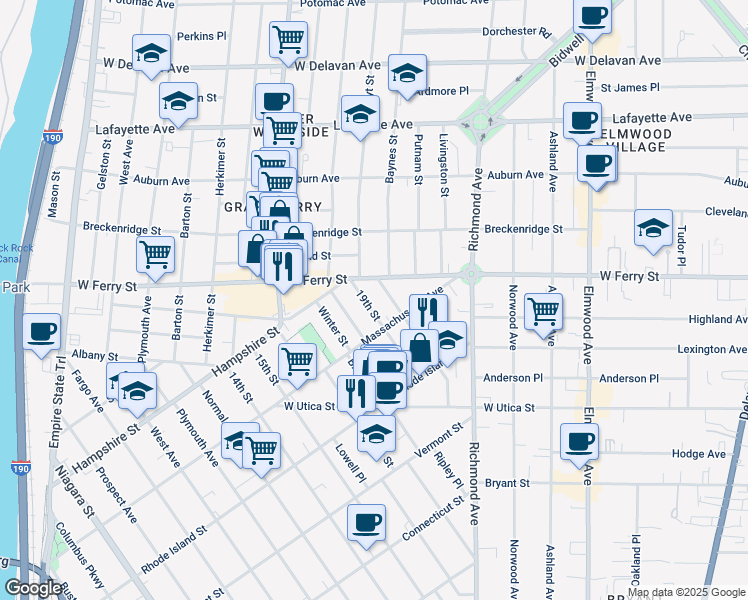 map of restaurants, bars, coffee shops, grocery stores, and more near 113 19th Street in Buffalo
