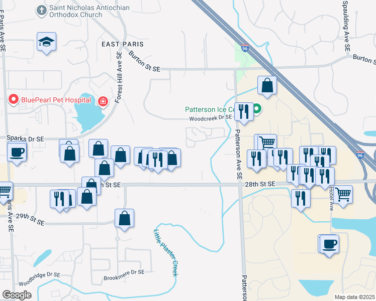 map of restaurants, bars, coffee shops, grocery stores, and more near 2659 Trails-End Drive Southeast in Grand Rapids