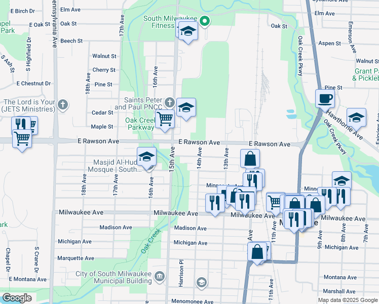 map of restaurants, bars, coffee shops, grocery stores, and more near 1413 Rawson Avenue in South Milwaukee
