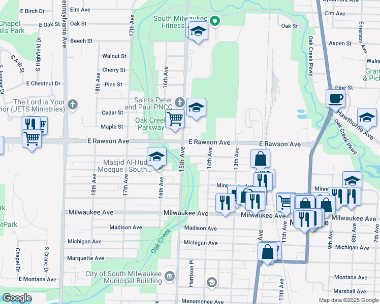 map of restaurants, bars, coffee shops, grocery stores, and more near 1413 Rawson Avenue in South Milwaukee
