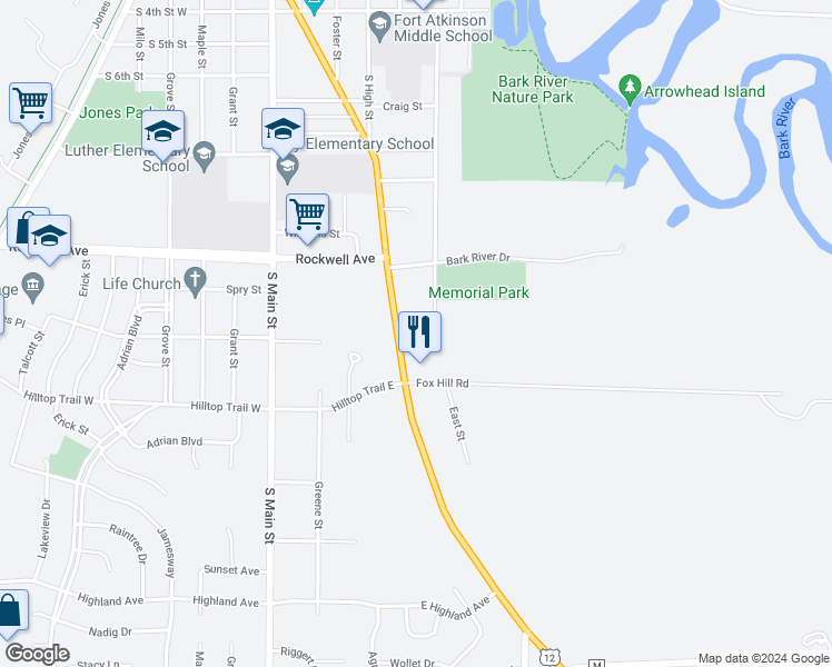 map of restaurants, bars, coffee shops, grocery stores, and more near 1103 Whitewater Avenue in Fort Atkinson