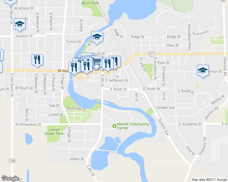 map of restaurants, bars, coffee shops, grocery stores, and more near 404 Fifth Street in Stoughton