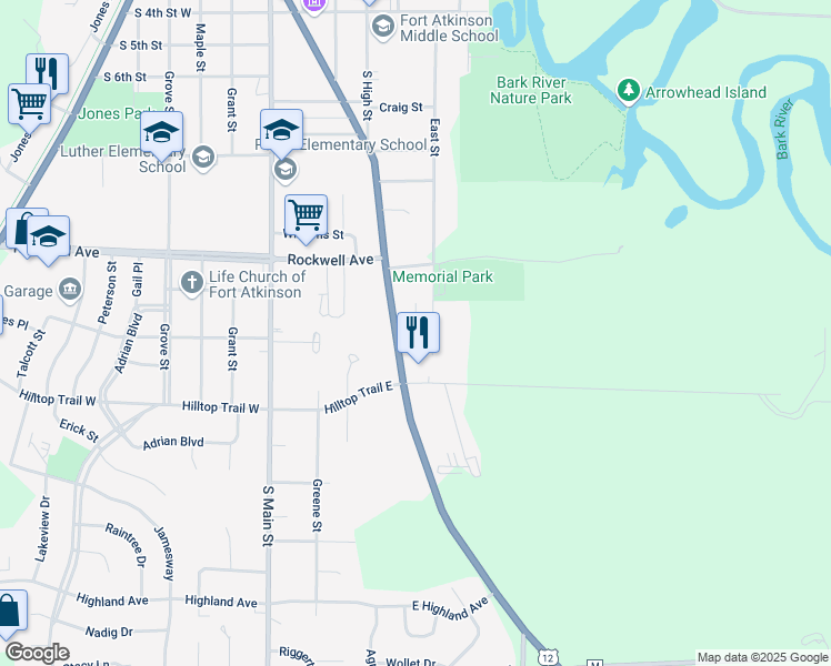 map of restaurants, bars, coffee shops, grocery stores, and more near 1103 Whitewater Avenue in Fort Atkinson