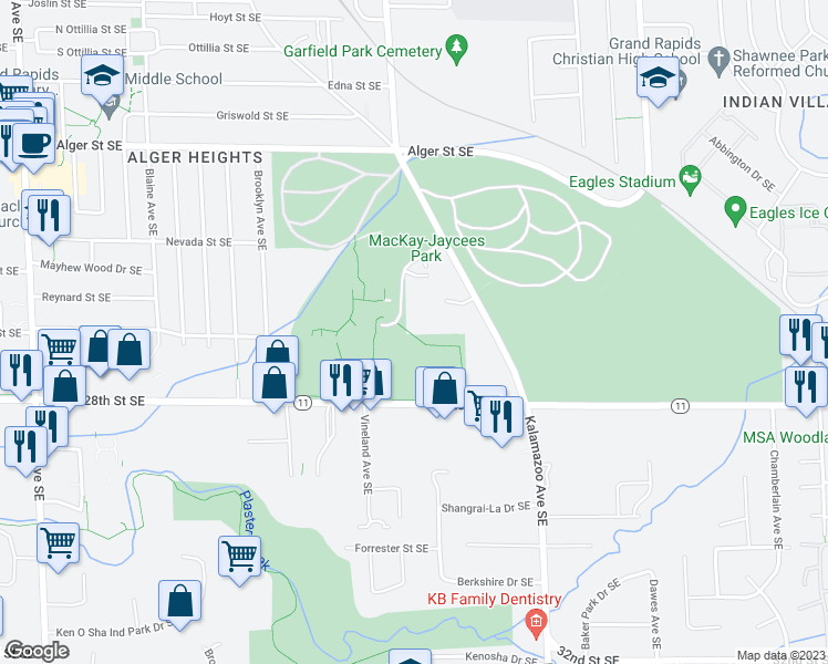 map of restaurants, bars, coffee shops, grocery stores, and more near 1357 28th Street Southeast in Grand Rapids