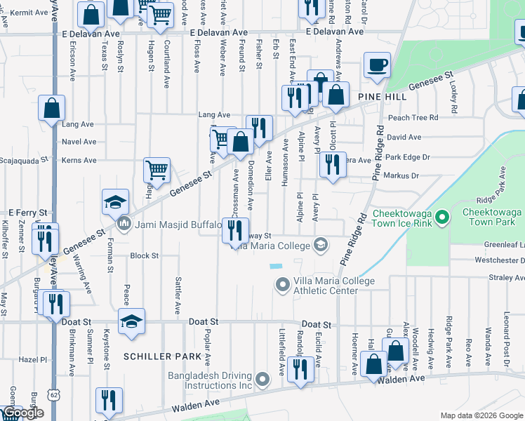 map of restaurants, bars, coffee shops, grocery stores, and more near 48 Eller Avenue in Buffalo