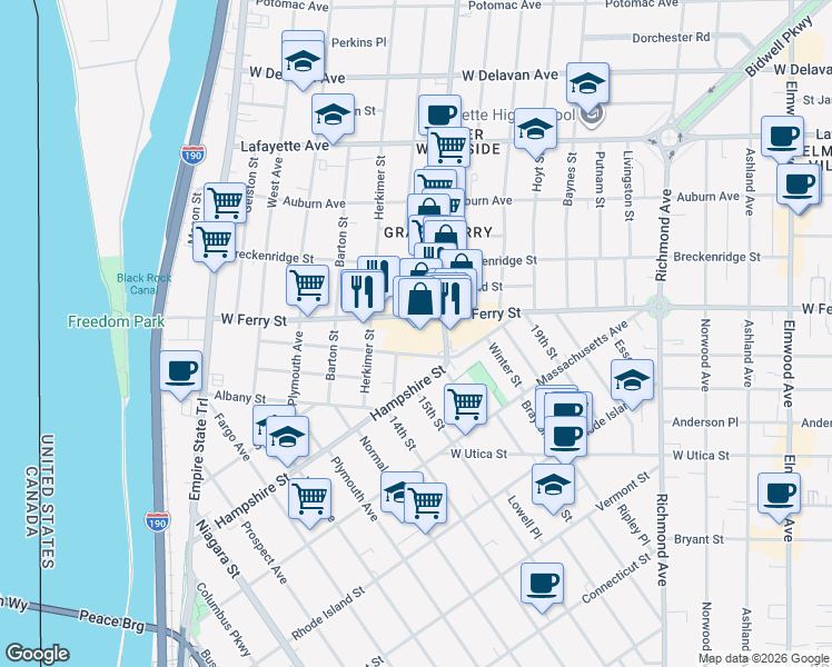 map of restaurants, bars, coffee shops, grocery stores, and more near 265 West Ferry Street in Buffalo