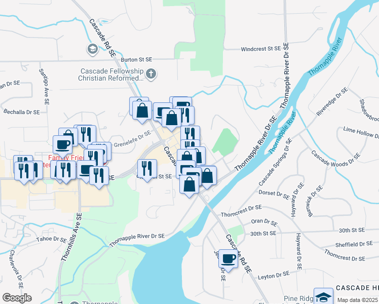 map of restaurants, bars, coffee shops, grocery stores, and more near 6809 Cascade Road Southeast in Grand Rapids