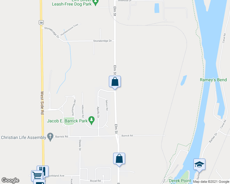 map of restaurants, bars, coffee shops, grocery stores, and more near Elm Street in Port Colborne
