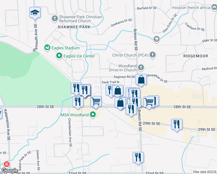 map of restaurants, bars, coffee shops, grocery stores, and more near 2709 Modoc Trail Southeast in Grand Rapids