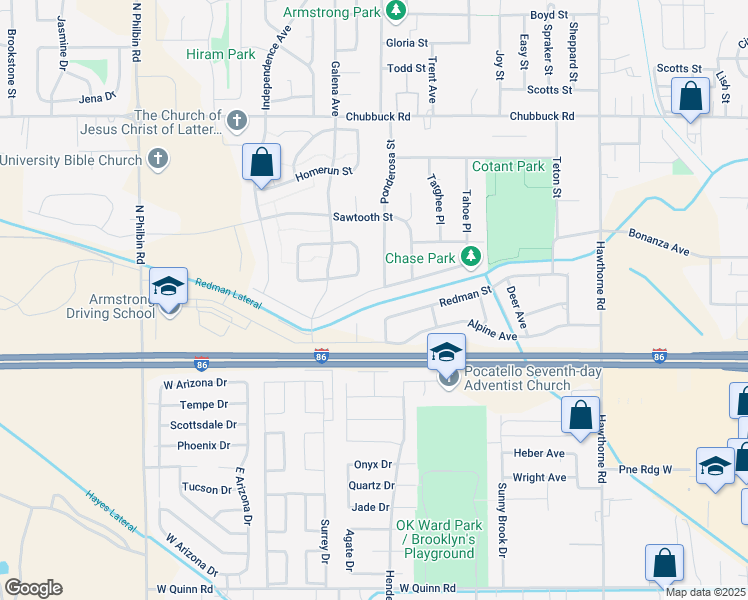 map of restaurants, bars, coffee shops, grocery stores, and more near 4522 Sarah Loop in Pocatello