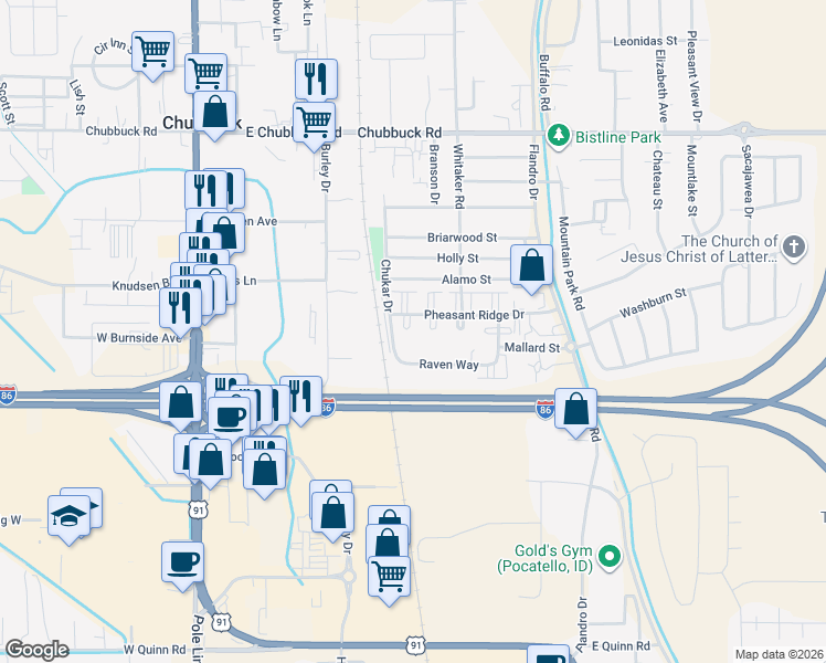 map of restaurants, bars, coffee shops, grocery stores, and more near 439 Pheasant Ridge Drive in Chubbuck