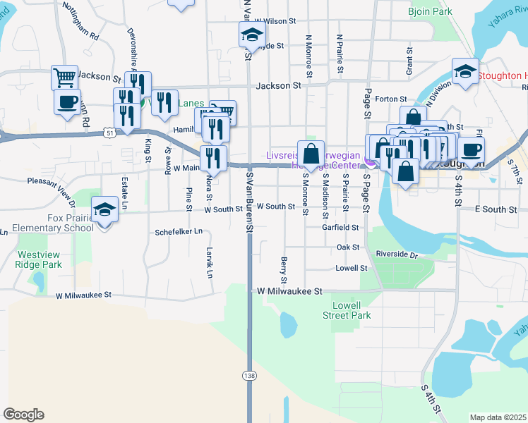 map of restaurants, bars, coffee shops, grocery stores, and more near 800 West South Street in Stoughton