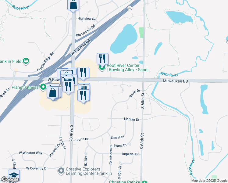 map of restaurants, bars, coffee shops, grocery stores, and more near 7100 Beachwood Court in Franklin