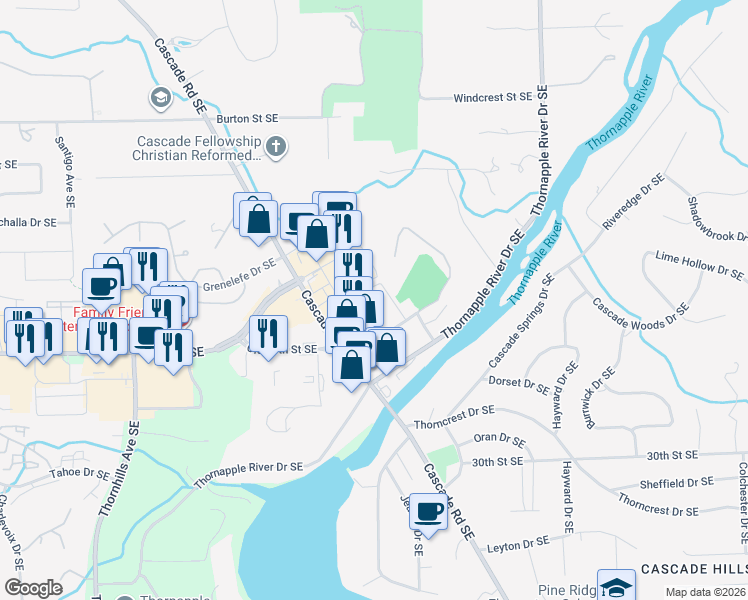 map of restaurants, bars, coffee shops, grocery stores, and more near 6809 Cascade Road Southeast in Grand Rapids