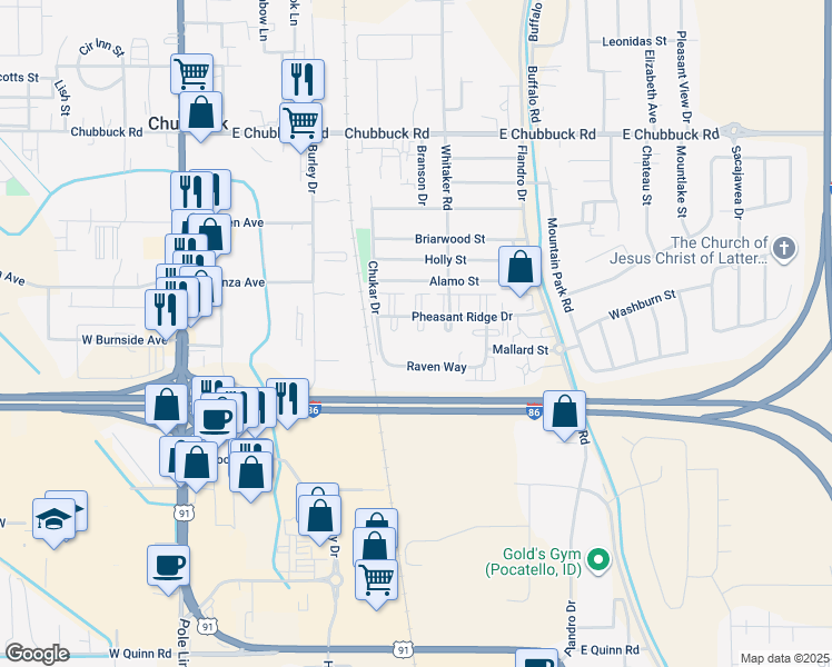 map of restaurants, bars, coffee shops, grocery stores, and more near 439 Pheasant Ridge Drive in Pocatello
