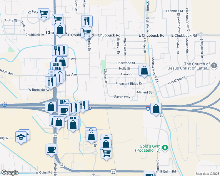map of restaurants, bars, coffee shops, grocery stores, and more near 439 Pheasant Ridge Drive in Pocatello